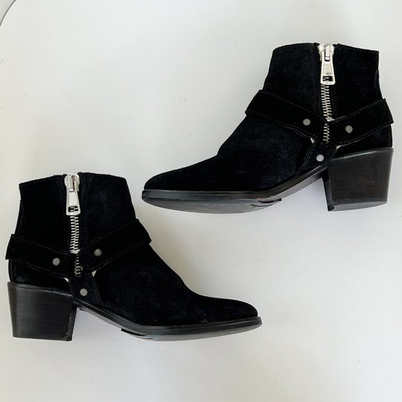 ALL SAINTS Black Suede Harness Buckle Booties Ankle Boots - Picture 10 of 14